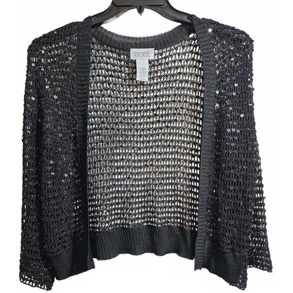 Rose Black Crocheted Open Front Cardigan with Sequin Details Size XL